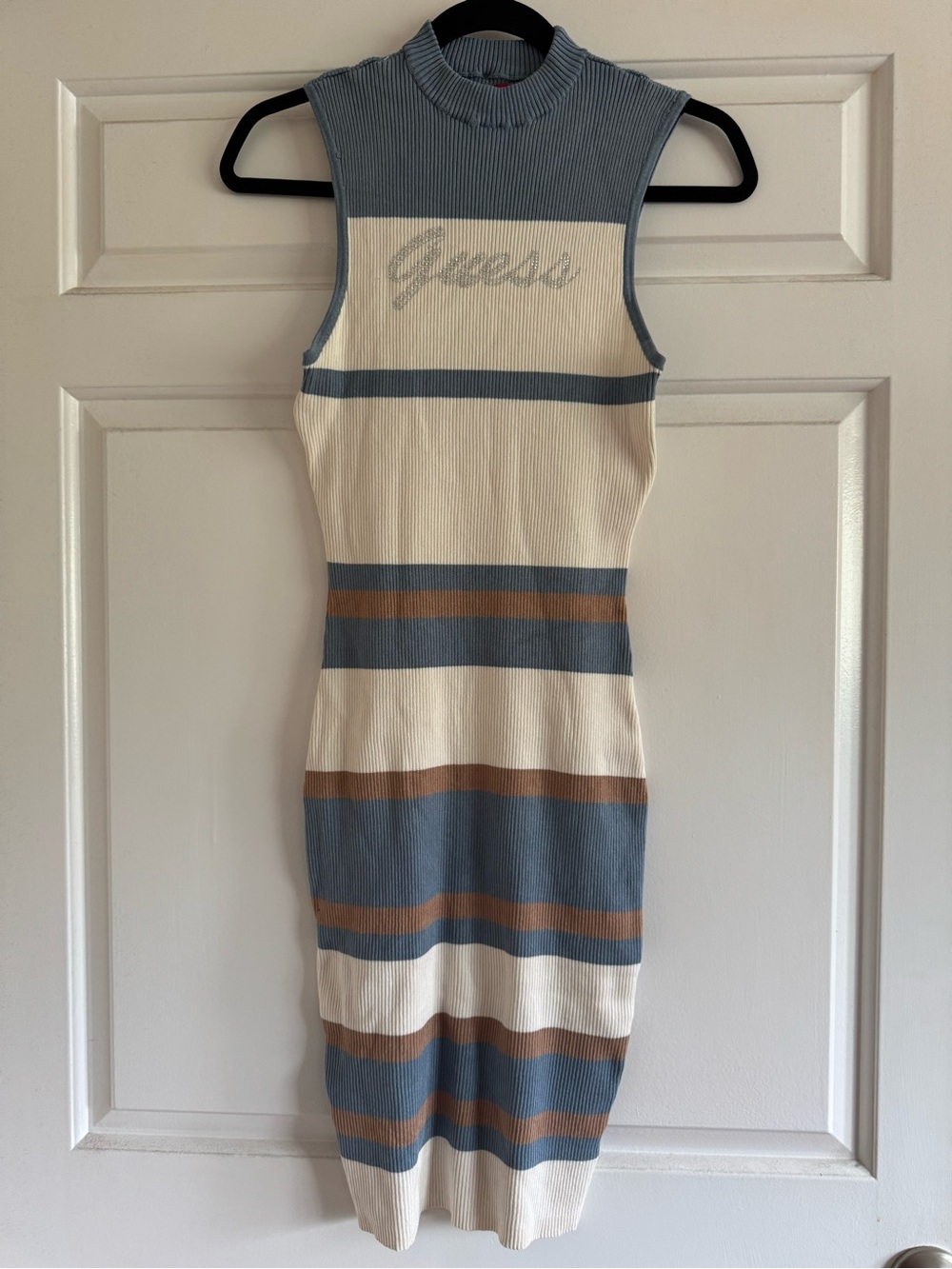 Guess Sleeveless Ribbed Knit Dress in Blue, Cream & Brown Stripes